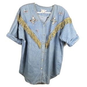 Vtg Monique Fashions womens Blouse size 1X Embellished Fringe Denim Tunic FRINGE